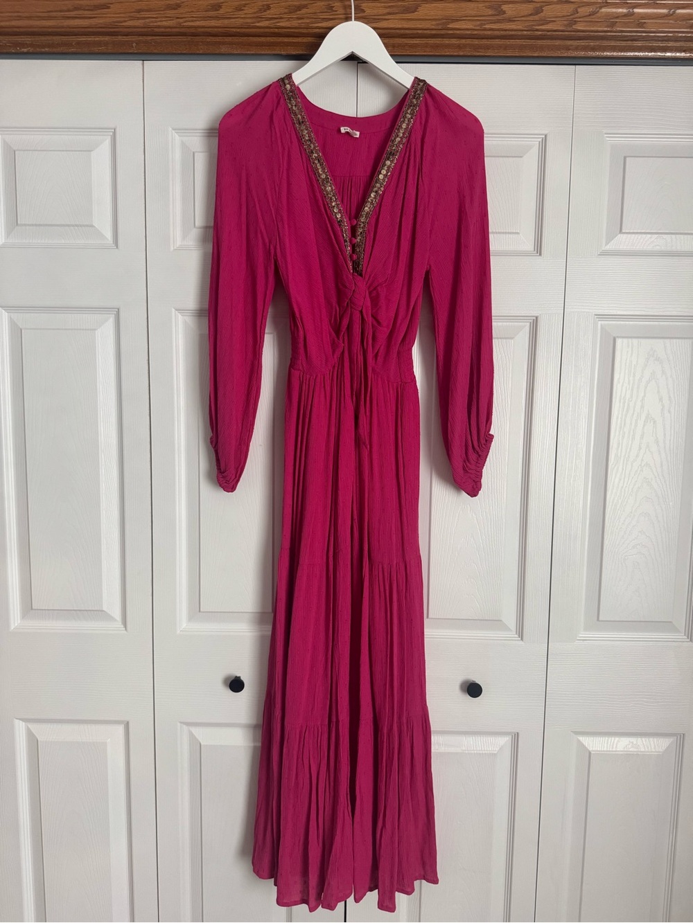 VICI Fuchsia Long-Sleeve Maxi Dress with Embellished V-Neck